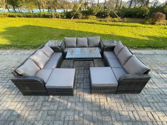 Fimous Rattan Garden Furniture Set 11 Seater Patio Outdoor Lounge Sofa Set with 2 Side Tables Rectangular Dining Table 2 Big Footstool in Dark Grey