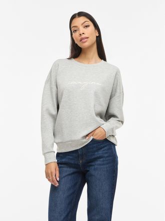 Vila Sweater VILA VISIFFI IMAGINE O-NECK L/S TOP/PB, Damen, Gr. XL, light grau melange print:embroidery snow wei&szlig;, birch, Sweatware, Obermaterial: 80% Poly