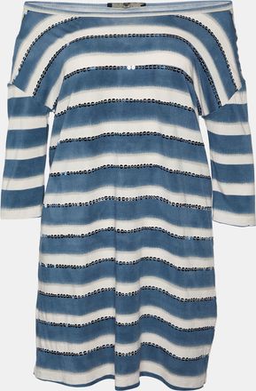 Max Mara White & Blue Cotton Striped Sequin Embellished Top