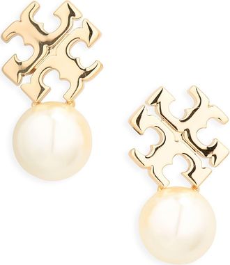 Tory Burch Moondance Faux Pearl & Icon Stud Earrings in Tory Gold /Pearl at Nordstrom