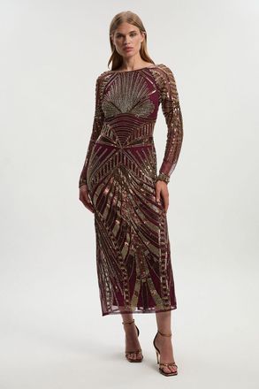 Karen Millen Womens Petite Premium Mirrored Crystal Embellished Woven Long Sleeve Column Dress - Red - Size 16 UK