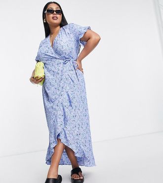 Vero Moda Curve wrap front maxi tea dress in blue floral