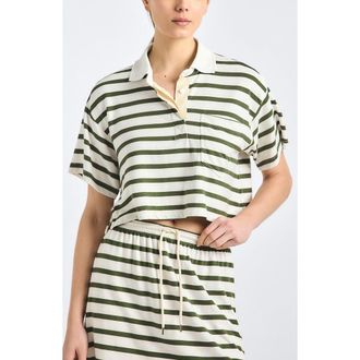 Derek Lam Indira Stripe Stretch Jersey Crop Polo in White/Fatigue Stripe at Nordstrom, Size X-Small