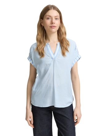 Tom Tailor Shirtbluse TOM TAILOR, Damen, Gr. 34, blau (blau sanftes wei&szlig; stripe), Obermaterial: 100% Viskose, gestreift, loose fit Po-bedeckend, Rundhals, Blusen