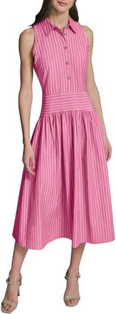 Karl Lagerfeld Stripe Sleeveless Cotton Blend Midi Shirtdress in Fuchsia Soft White at Nordstrom, Size 16