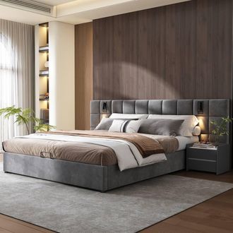 Matteo Grey King Size Velvet Bed with Hydraulic Storage & USB Lamp