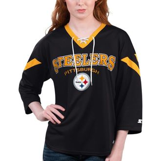 Starter Womens Starter Black Pittsburgh Steelers Rally Lace-Up 3/4 Sleeve T-Shirt at Nordstrom, Size X-Small