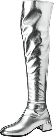 Generic MiaZane Womens Metallic Over The Knee Boots Block Heel Zip Up Fashion Statement Shiny Finish High Boots for Party Evening Streetwear Night Out,Silver,