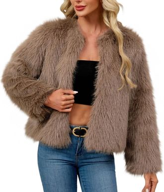 Generic Womens Faux Fur Coat Soft Comfy Winter Warm Cropped Jackets Cosy Long Sleeve V Neck Plush Jacket Ladies Elegant Open Front Cardigans Windproof Thicken