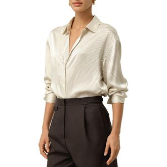 LilySilk Silk Charmeuse Pinstripe Shirt in Drifted Mocha at Nordstrom, Size Medium