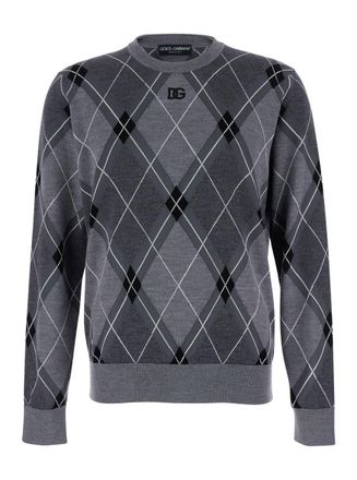 Dolce & Gabbana Grey Crew Neck Sweater With Front Logo And Diamond Pattern In Wool Blend Man