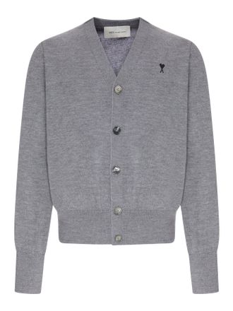 Ami V-NECK KNIT CARDIGAN WITH EMBROIDERED LOGO - Ami Paris - Man