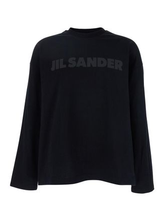 Jil Sander Black Long Sleeve T-Shirt With Front Logo Print In Cotton Man