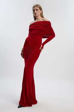 Karen Millen Ruched Off Shoulder Fishtail Maxi Dress in Red at Nordstrom, Size X-Small