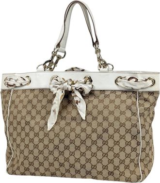 Gucci Beige White Gg Canvas Leather Tote Bag (Pre-Owned)