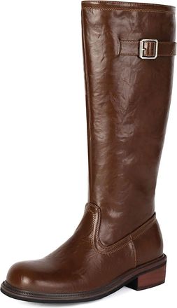 Generic Womens Block Heel Knight Boots PU Leather Knee High Boots with Side Zipper Round Toe Platform Long Boot with Buckle,Brown,7.5 UK