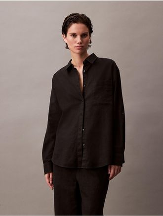 Calvin Klein Womens Linen Cotton Utility Relaxed Button-Down Shirt - Black - XS
