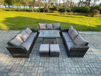 Fimous 11 Seater Wicker Rattan Garden Furniture Set with Rectangular Dining Table 2 Small Footstools Patio Outdoor Lounge Sofa Set in Dark Grey