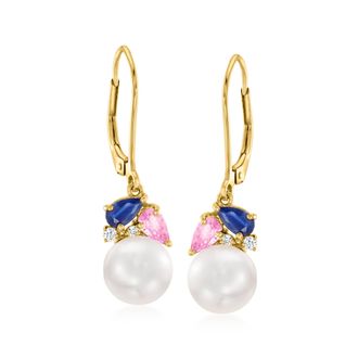 Ross-Simons 7-7.5mm Cultured Pearl and. Multicolored Sapphire Drop Earrings With Diamonds in 18kt Gold Over Sterling