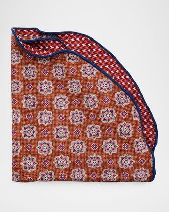 Edward Armah Men & apos;s Reversible Houndstooth to Medallion Silk Pocket Circle