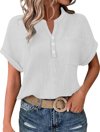 Generic Cocila Ladies Tops 2025 Womens Summer Cotton Linen Cap Sleeve T-Shirt Button V Neck Henry Collar Tunic Tops Fashion Baggy Solid Plain Casual Shirts Tr