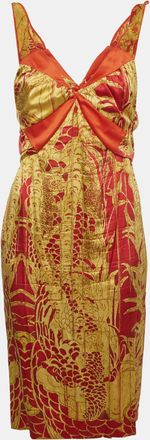 Just Cavalli Red/gold Chinoiserie Print Satin Knee Length Dress
