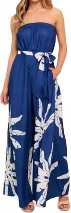 Flying Tomato Tropical Strapless Wide Leg Jumpsuit In Royal Blue