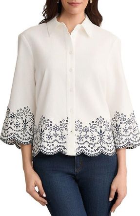 Jones New York Embroidered Linen Blend Shirt in Natural White/Pacific Navy at Nordstrom, Size X-Small P