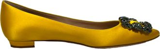 Manolo Blahnik Jewel Buckle Flat Pumps in Yellow Satin