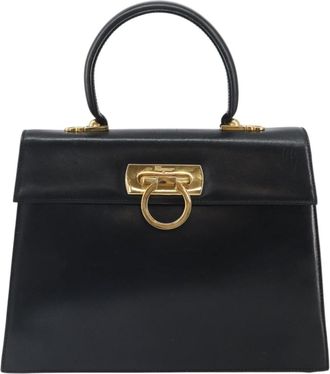 Ferragamo Convertible Top Handle Bag Leather Black Leather Handbag (Pre-Owned)