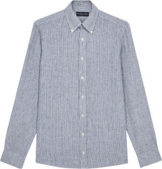 Brooks Brothers Navy gestreept linnen casual overhemd - Heren - Casual Overhemden - Blauw - 2XL - Linnen - Overhemden
