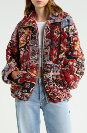 BDG Mae Print Fleece Zip Front Sweatshirt in Red at Nordstrom, Size Medium
