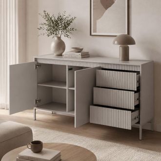 Dmora Credenza Hatomo, Aparador 3 Cajones, 2 Estantes, Puerta Batiente, Corredera, 154x40x81h Cm Beige