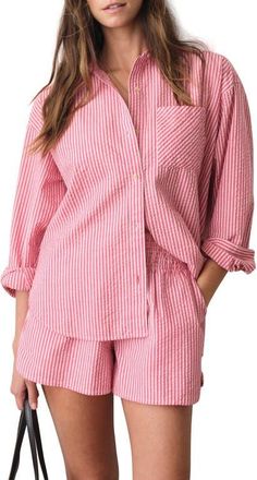 Marine Layer Gracey Stripe Oversize Cotton & Kapok Seersucker Button-Up Shirt in Pink Stripe at Nordstrom, Size X-Large