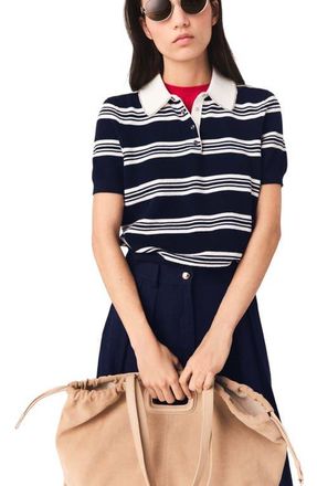 Maje Striped polo with rhinestone collar in Ecru/navy Blue at Nordstrom, Size X-Small