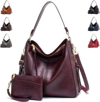Generic Vintage PU Vegan Leather Handbags and Purse Sets for Women Fashion Tote Hobo Bags Shoulder Satchel Handbag Zip Wallet, B-purplish Red