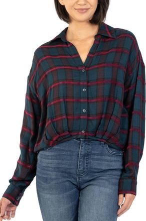 Kut from the Kloth Tessa Crop Long Sleeve Button Down Top In Navy/wine