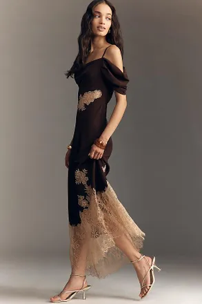 Bl^nk London Satin Off-Shoulder Lace Midi Dress