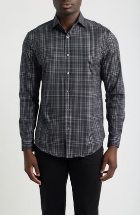 Bugatchi OoohCotton Devon Plaid Performance Shirt in Black at Nordstrom, Size Xxx-Large