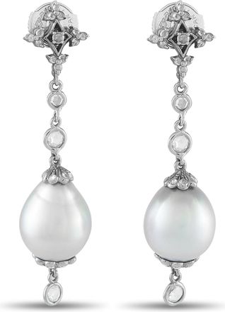 Luxury Bazaar 18K White Gold Diamond Pearl Drop Earrings MF10-090226