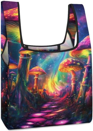 Generic Tie Dye Mushroom Print Shopping Bag Reusable Grocery Tote Bag Foldable Handbag for Travel Picnic