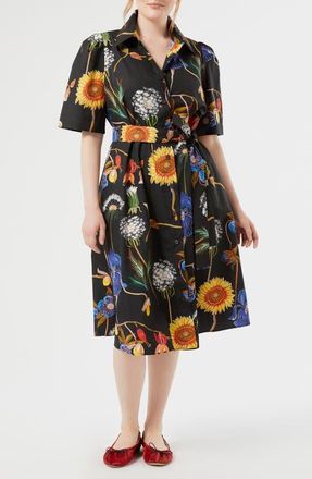 Marina Rinaldi Lacrima Floral Belted Cotton Shirtdress in Black at Nordstrom, Size 12 W