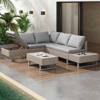 C&A Industrial-Style Khaki Rattan Corner Sofa Set with Coffee Table and Removable UV-Resistant Cushions
