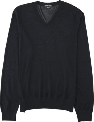 Tom Ford V-Neck Black Wool Sweater With Ribbed Details