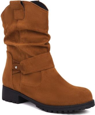 Generic Womens Pull on Slouchy Wide-Calf Boots Round Toe Faux Suede Short Boots Flat Heel Retro Dress Shoes,Brown,6.5 UK