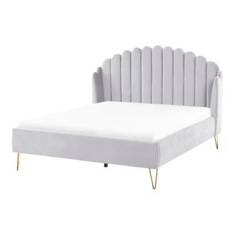 Beliani Cama Con Somier De Terciopelo Gris Claro Dorado 140 X 200 Cm Cabecero Ambillou
