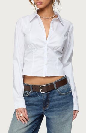 Edikted Laurna Crop Stretch Cotton Poplin Button-Up Shirt in White at Nordstrom, Size X-Small