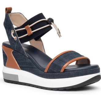 Nero Giardini Bungee Platform Wedge Sandal in Blue Jeans /Cognac at Nordstrom, Size 11Us