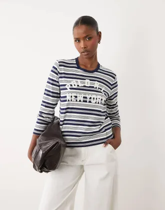 Polo Ralph Lauren Top corto in jersey blu a righe-Blu navy