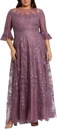 Mac Duggal High Neck Flutter Sleeve Embroidered A Line Gown in Vintage Lilac at Nordstrom, Size 22W